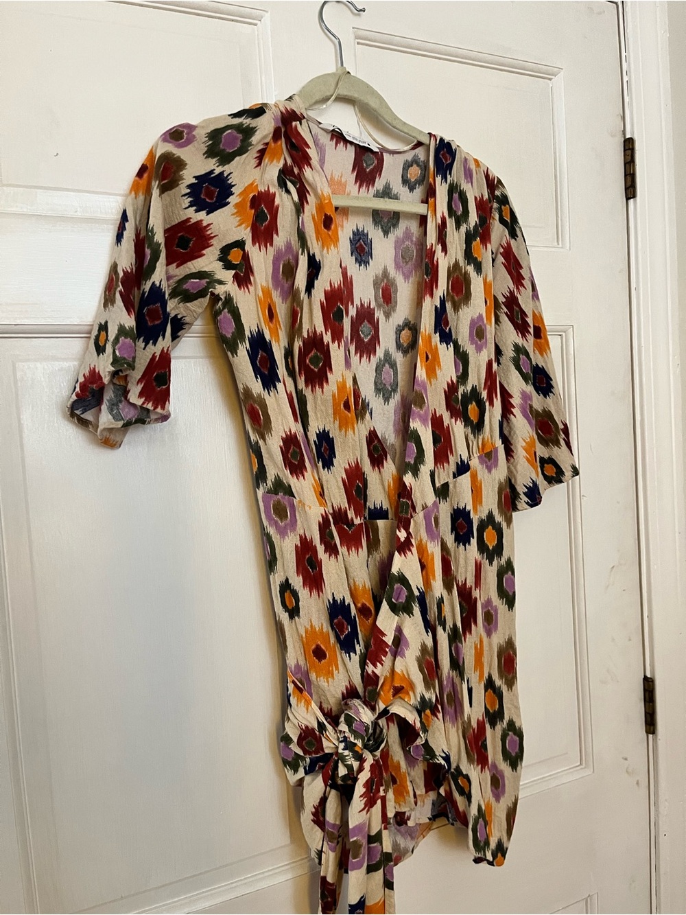 Colorful print linen wrap shirt